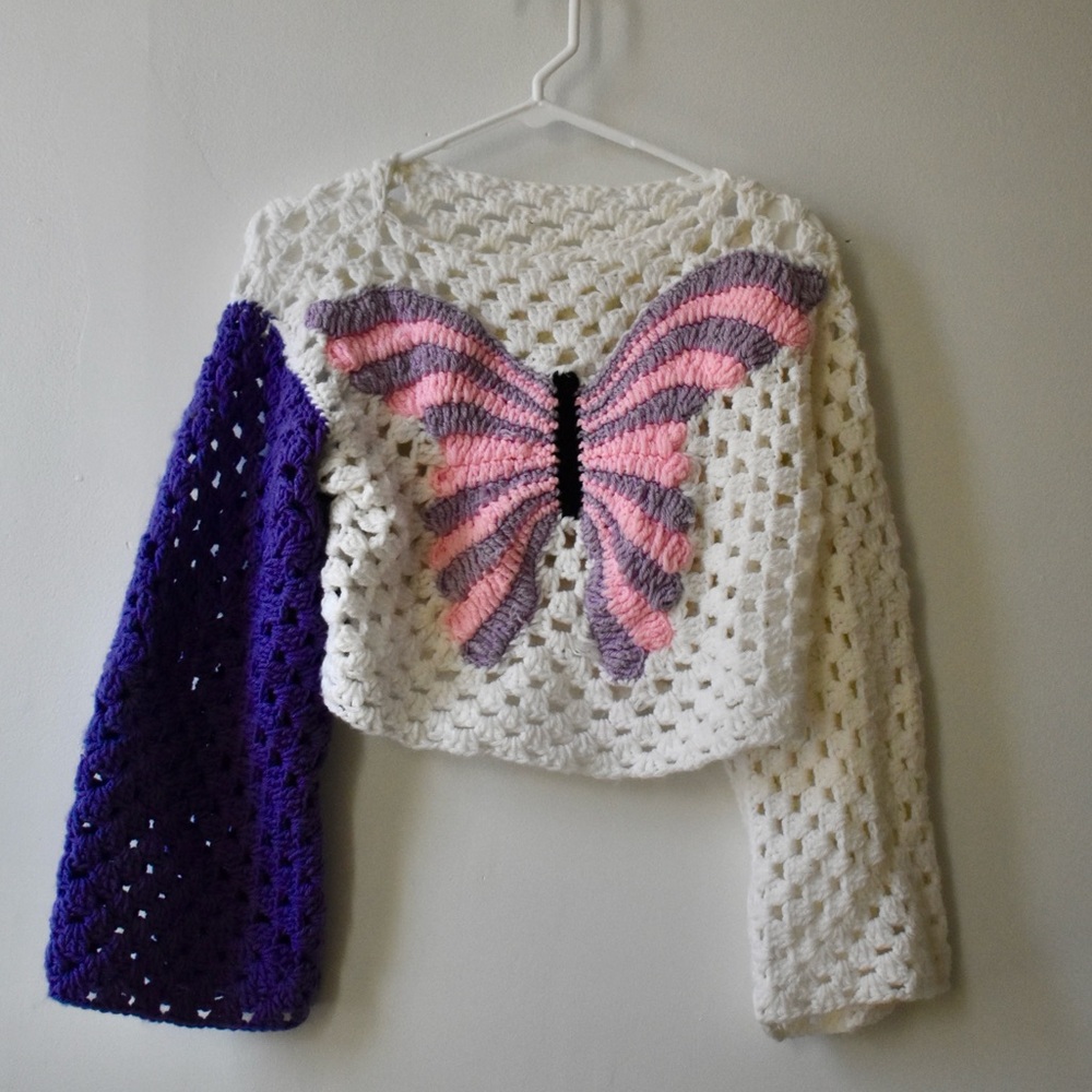 Hand-crocheted pastel butterfly sweater